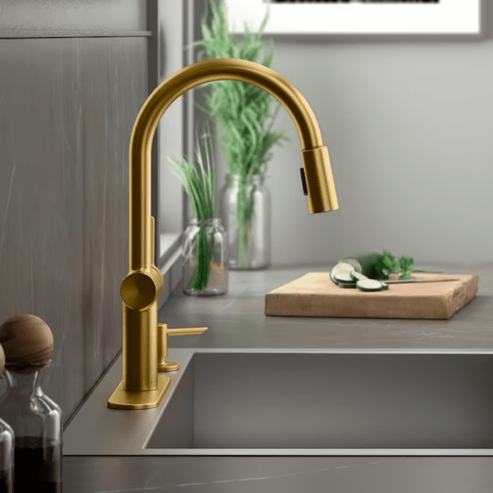 Koi Vibrant Brushed Moderne Brass Single Handle Pull-Down Kitchen Faucet with Sprayer (Deck Plate and Soap Dispenser Included)