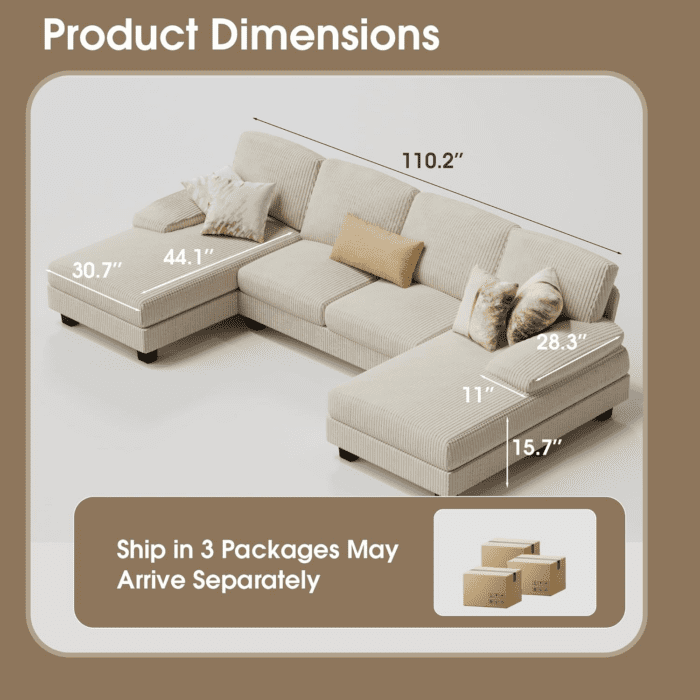 Sectional Couches for Living Room, U-Shaped Sofa Couch with Soft Corduroy, 4 Seat Sofa Set with Double Chaise for Apartment (Corduroy, Beige) - Image 2