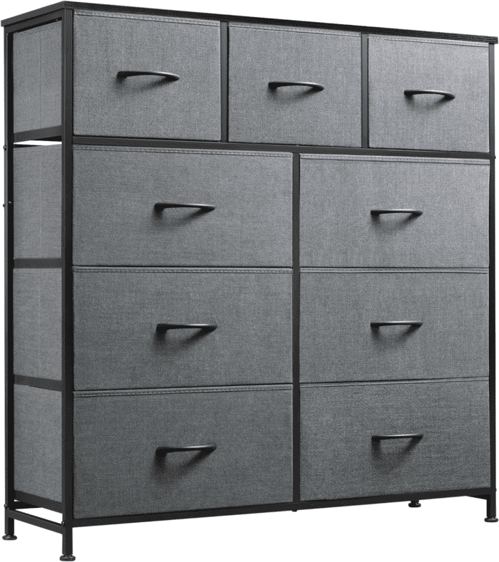 9-Drawer Dresser, Fabric Storage Tower for Bedroom, Hallway, Entryway, Closet, Tall Chest Organizer Unit with Fabric Bins, Steel Frame, Wood Top, Easy Pull Handle, Dark Grey