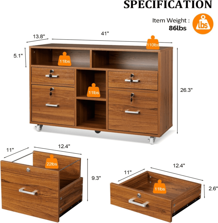 Wide 4 Drawer File Cabinet with Lock, Wood Lateral File Cabinet with Open Shelves, Lockable Rolling File Cabinets for Home Office, Walnut File Cabinet Printer Stand, Letter Sized - Image 3