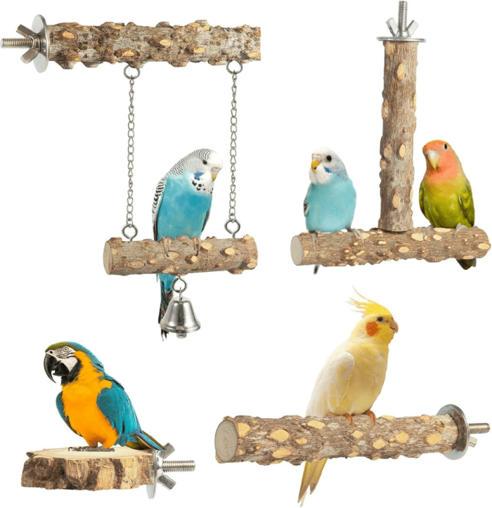 Bird Perches,4Pcs Natural Wood Birds Stand Branch, Bird Perch Chewing Stick Cage Accessories Parrot Climbing Standing Branches Paw Grinding Fork Sets for Parakeet Lovebirds Cockatiels Conure Budgies