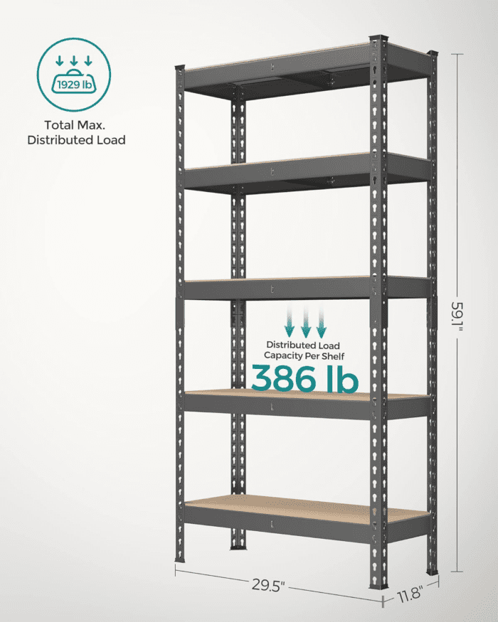 5-Tier Storage Shelves, Set of 2 Garage Storage, Boltless Assembly, Adjustable Shelving Units, 11.8 X 29.5 X 59.1 Inches, Load 1929 Lb Each, Shed Warehouse Basement, Gray UGLR300G02 - Image 3