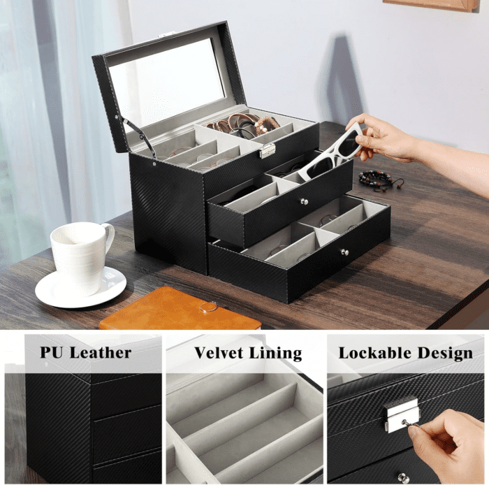 Sunglasses Organizer with 18 Slots, 3-Layer Leather Sunglass Display Collection Holder Case with Drawer Clear Glass Lid, Lockable Eyeglass Glass Jewelry Watch Storage Box for Women Men, Black - Image 4