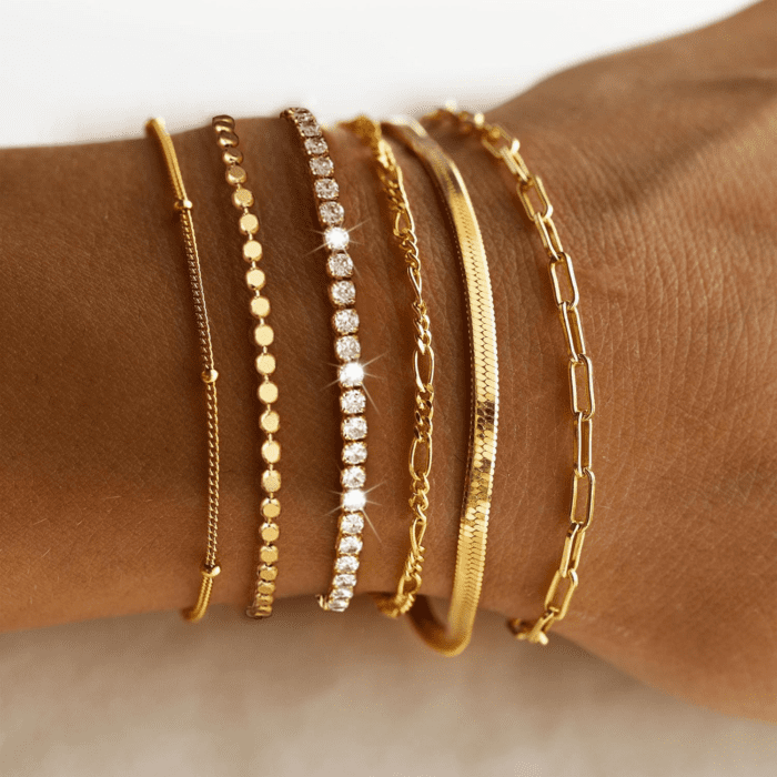 Waterproof Gold Bracelets Set for Women Trendy, Dainty 14K Real Gold Plated Jewelry Fashion Stackable Tennis Beaded Figaro Herringbone Paperclip Link Bracelet Pack Stack Gifts for Women - Image 2