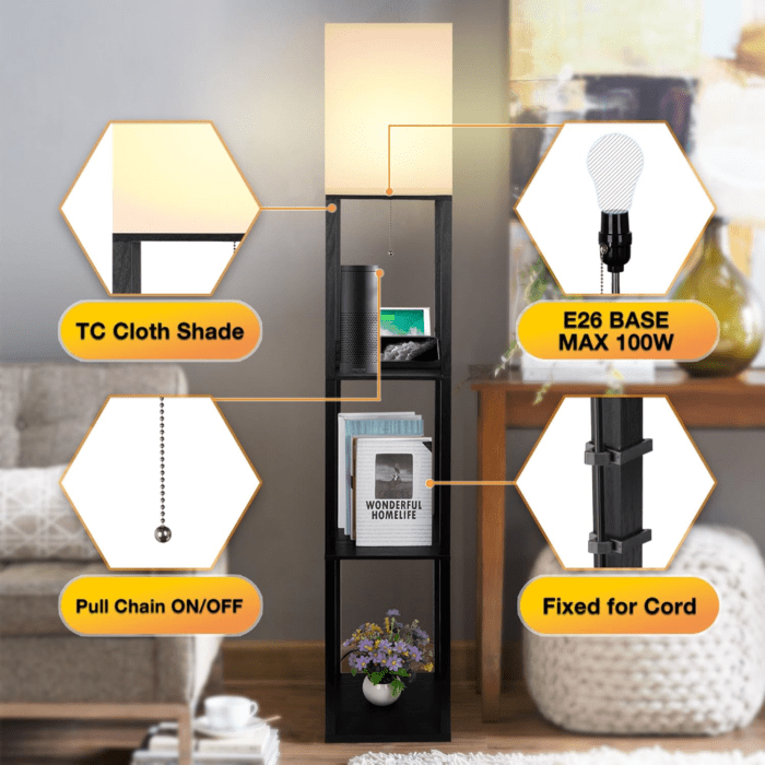 3-In-1 Shelf Floor Lamp with 1 Usb&Type C&1 AC Outlet, 3-Tiered LED Shelf Lamp, Shelf & Storage Floor Lamp Combination Modern Standing Light - Image 7