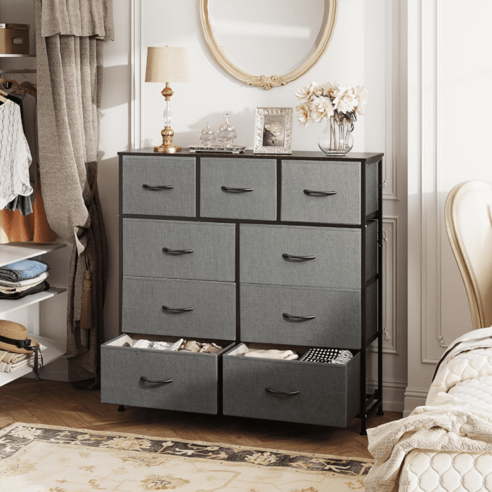 9-Drawer Dresser, Fabric Storage Tower for Bedroom, Hallway, Entryway, Closet, Tall Chest Organizer Unit with Fabric Bins, Steel Frame, Wood Top, Easy Pull Handle, Dark Grey - Image 4