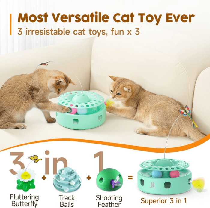 Cat Toys 3-In-1 Automatic Interactive Kitten Toy, Fluttering Butterfly, Random Moving Ambush Feather, Track Balls, Dual Power Supplies, USB Powered, Indoor Exercise Cat Kicker (Green) - Image 2