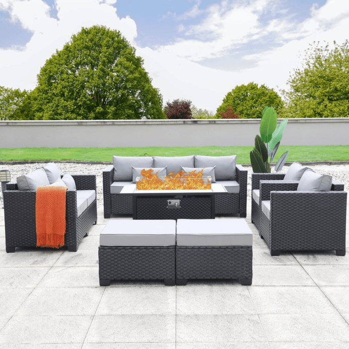 7 PCS Outdoor Furniture Sets 60000BTU 45-Inch Outdoor Propane Fire Pit Table Patio Furniture Set No-Slip Cushions and Waterproof Covers, Light Grey - Image 3