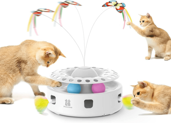 Cat Toys 3In1 Automatic Interactive Kitten Toy, Fluttering Butterfly, Moving Ambush Feather, Track Balls, Dual Power Supplies, USB Powered, Indoor Exercise Kicker (Bright White)