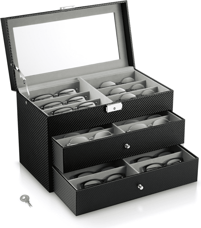 Sunglasses Organizer with 18 Slots, 3-Layer Leather Sunglass Display Collection Holder Case with Drawer Clear Glass Lid, Lockable Eyeglass Glass Jewelry Watch Storage Box for Women Men, Black