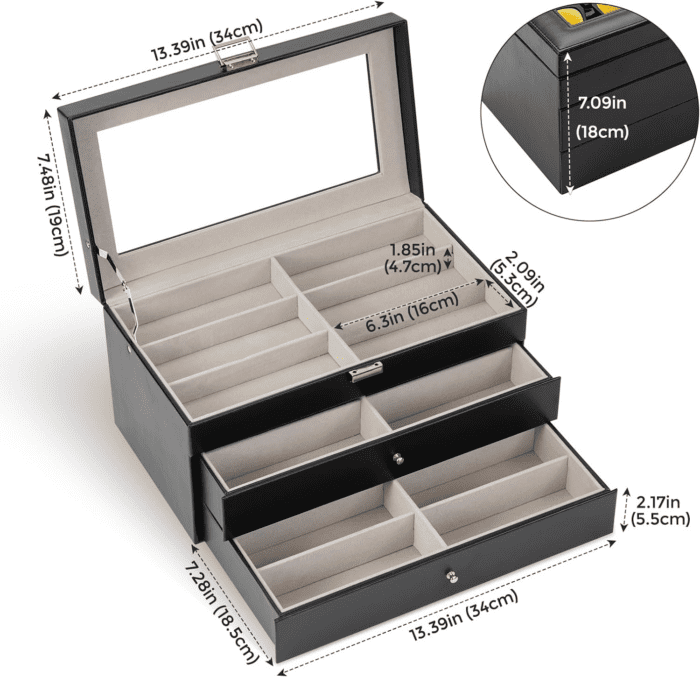 3-Layer Sunglasses Storage Organizer, 18 Slots Leather Sunglass Box Multiple Pairs Eyeglass Cases Eye Glass Eyewear Display Holder for Men Women -Black - Image 6