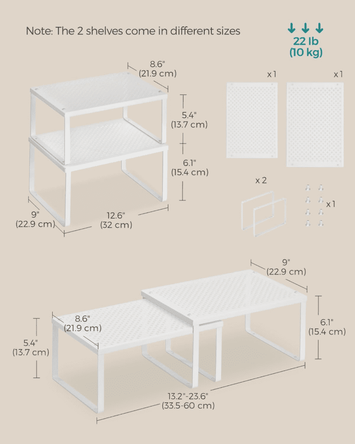 Spice Rack, Cabinet Shelf Organizers, Shelf Organizer, Countertop Organizer, Shelf Riser, Stackable, Expandable, Set of 2 Metal Kitchen Counter Shelves, White UKCS01WT - Image 2