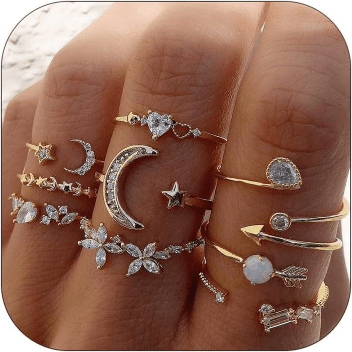 Gold Stackable Rings for Women Gifts Trendy Stuff Simple Star Moon Knuckle Rings Set Boho Rings Cute Stuff Birthday Gifts Stocking Stuffers for Christmas Gifts 2024