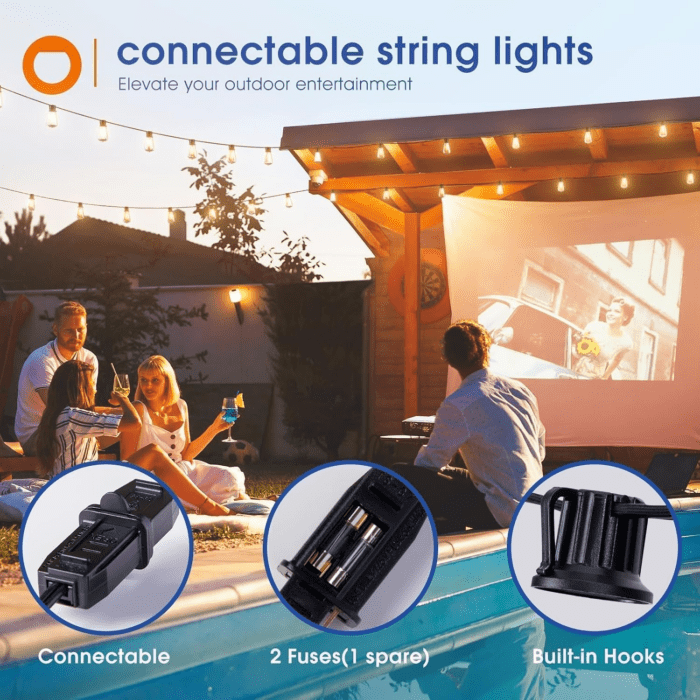 100FT(50FT*2) LED Outdoor String Lights Waterproof Patio Lights with 32 Shatterproof ST38 Replaceable Bulbs(2 Spare), Dimmable outside Hanging Lights Connectable for Porch, Backyard, 2200K - Image 8