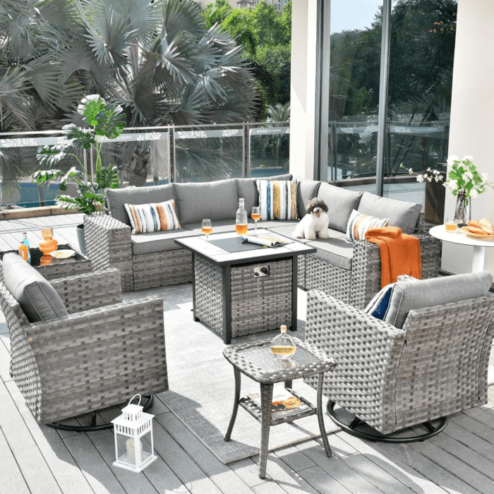 10 Pieces Patio Furniture Set, Outdoor Sectional Sofa with Swivel Rocking Chairs, Fire Pit Table, Wide Arms and Deep Seat, Modular Wicker Rattan Conversation Set, Dark Grey - Image 9