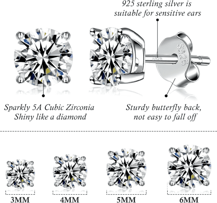 925 Sterling Silver Stud Earrings Set | White Gold Plated Hypoallergenic Stud Earrings | Cubic Zirconia Stud Earrings for Women (2Mm,3Mm,4Mm,5Mm,6Mm,7Mm) 8 CZ Colors Options - Image 2