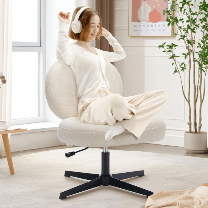 Criss Cross Armless Desk Chair, Cross Legged Chair No Wheels with Adjustable Height, Ergonomic Swivel Vanity Chair Mid Back Computer Home Office Chair for Small Space/Bedroom/Study-Beige - Image 2