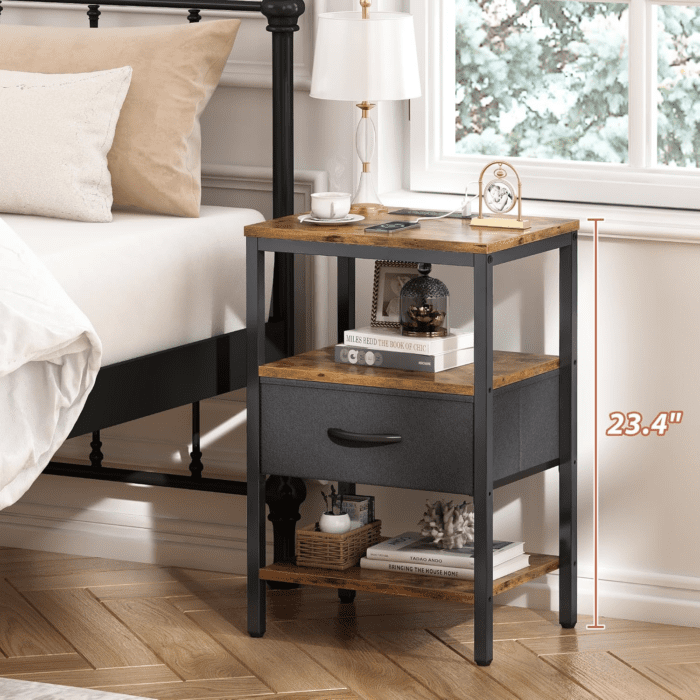 Nightstand with Charging Station, Bed Side Table with Adjustable Fabric Drawer, Night Stand for Bedroom, 3-Tier Storage End Table, for Living Room, Rustic Brown and Black - Image 4