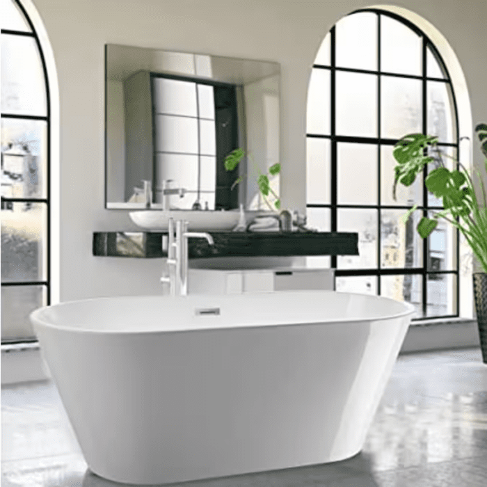 29.5-In X 59-In White/Polished Chrome Acrylic Oval Freestanding Soaking Bathtub with Drain (Center Drain)