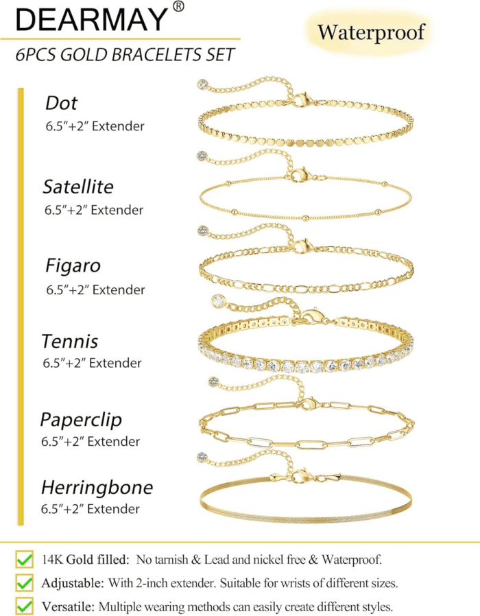 Waterproof Gold Bracelets Set for Women Trendy, Dainty 14K Real Gold Plated Jewelry Fashion Stackable Tennis Beaded Figaro Herringbone Paperclip Link Bracelet Pack Stack Gifts for Women - Image 5