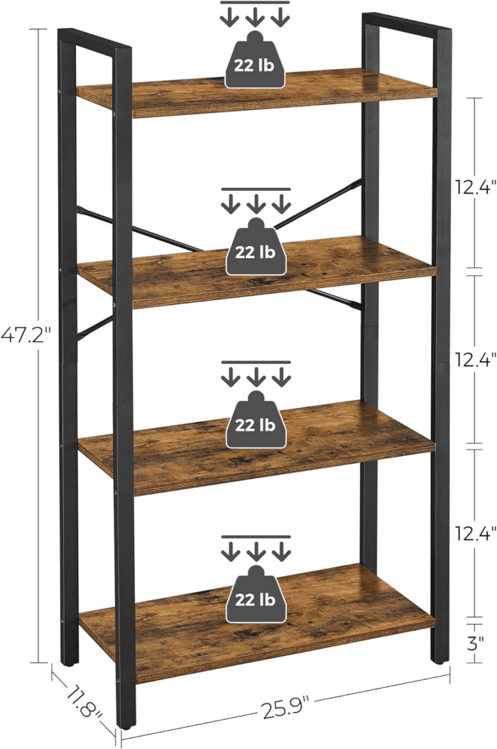 4-Tier Tall Bookshelf, Bookcase with Steel Frame, Book Shelf for Living Room, Home Office, Study, 11.8 X 25.9 X 47.2 Inches, Industrial Style, Rustic Brown and Black ULLS60BX - Image 3