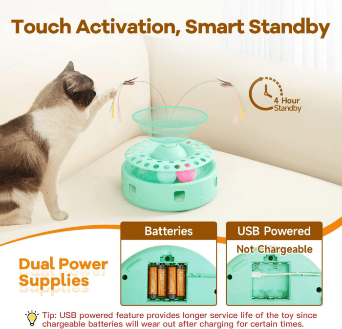 Cat Toys 3-In-1 Automatic Interactive Kitten Toy, Fluttering Butterfly, Random Moving Ambush Feather, Track Balls, Dual Power Supplies, USB Powered, Indoor Exercise Cat Kicker (Green) - Image 6