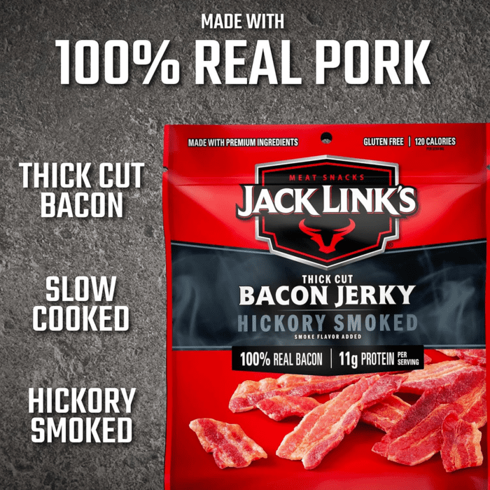 Bacon Jerky, Hickory Smoked, 2.5 Oz. Bag - Flavorful Ready to Eat Meat Snack with 11G of Protein, Made with 100% Thick Cut, Real Bacon, Perfect Hunting Trip Snacks (Packaging May Vary) - Image 6