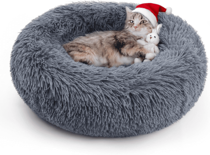 Cat Beds for Indoor Cats, 20 Inches Cat Bed Machine Washable, Fluffy round Pet Bed Non-Slip, Calming Soft Plush Donut Cuddler Cushion Self Warming for Small Dogs Kittens, Dark Grey, Medium