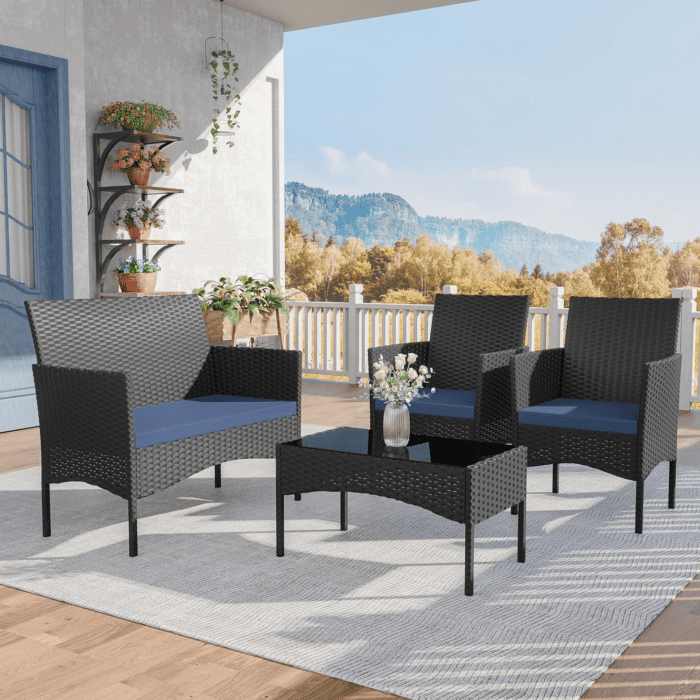 Patio Furniture Set 4 Pieces Outdoor Wicker Rattan Chairs Conversation Sets W/Coffee Table, Rocking Bistro Set, for Patio Lawn Backyard (Navy Blue) - Image 4