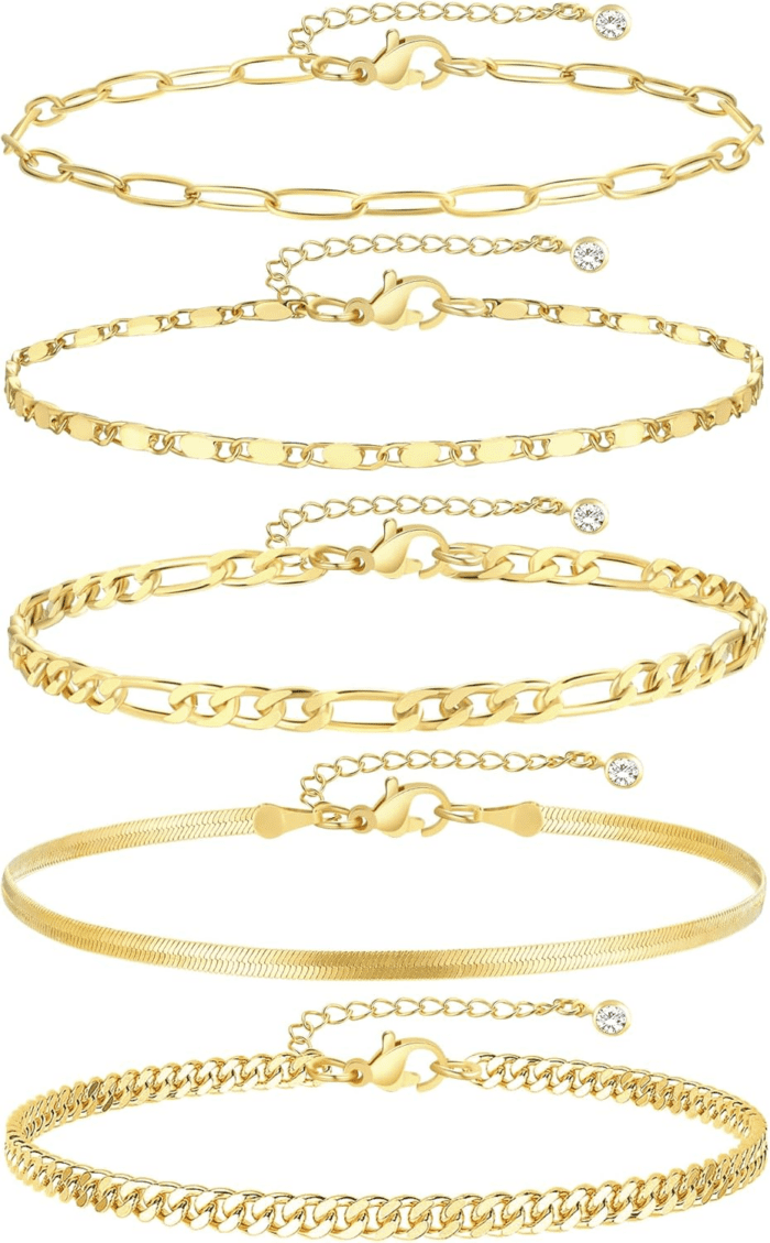 Gold Ankle Bracelets for Women, 14K Gold Plated Waterproof Cuban Link Chain Anklets Set, Layered Anklet Bracelets for Women Beach Gift Adjustable Size 5Pc