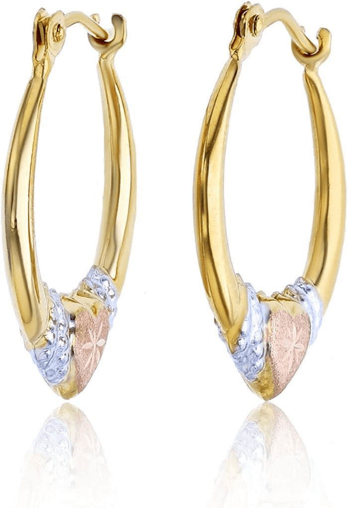 14K Gold Solid Hypoallergenic Heart Hoop Earrings - Tricolor Gold, Two Tone, Heart Shaped, Triple Heart, Shrimp Hoops - Image 2