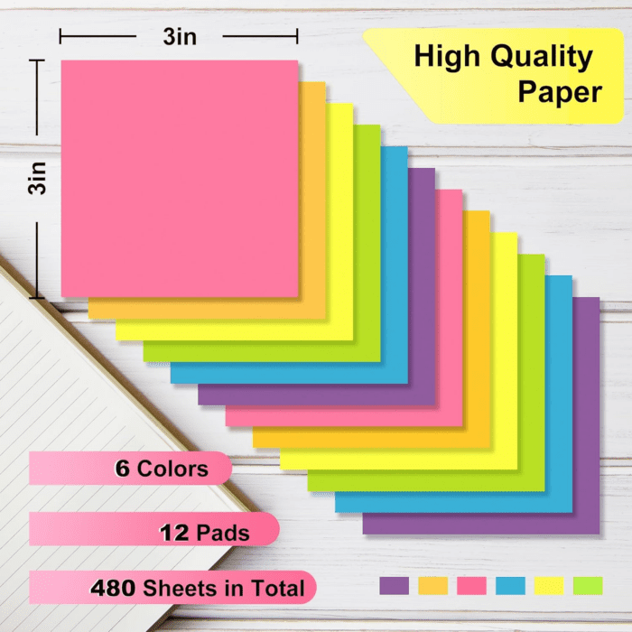 Sticky Notes - 12 Pads, 3”X3” - Colorful Self-Stick Post Notes Bulk - Office Desk Accessories | Teacher Classroom Must Haves,Aesthetic School Supplies for Home,Stocking Stuffers for Women Adult - Image 2