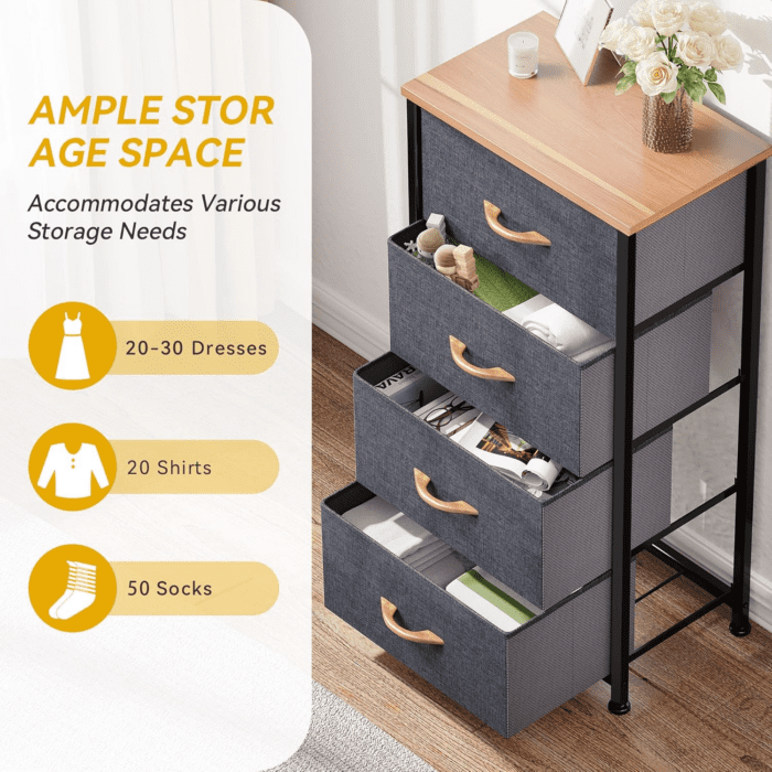 4 Drawers Dresser, Small Dresser for Bedroom, Fabric Storage Tower, Chest of Drawers, Organizer Unit for Closets, Living Room, Sturdy Steel Frame, Wooden Top, Easy Pull Handle - Image 4