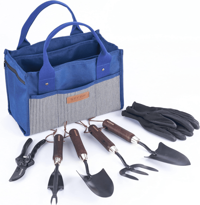 Outdoor Garden Tool Set, Stainless Steel Gardening Set - Garden Tool Organizer Bag, Garden Trowel, Cultivator, Transplanter, Weeder, Bypass Pruning Shears, and Garden Gloves–7Pc Set