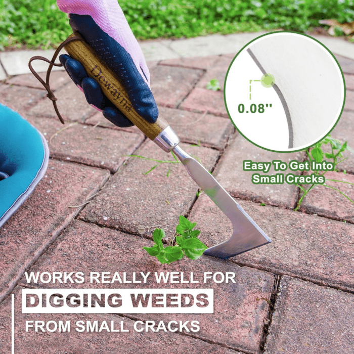 Crack Weeder, L-Shaped Stainless Steel Crevice Weeding Tool, Comfortable Grip Wood Handle Paver Weeder, 11'' Sidewalk Weed Removal Tool for Garden Lawn, Bricked Patio and Terrace Paving Moss - Image 2