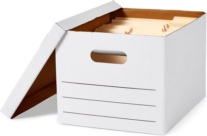 Storage and Filing Boxes with Lid and Handles, Legal/Letter Size, Basic Duty, Pack of 20, White, 16.2" L X 12.5" W X 10.5" H