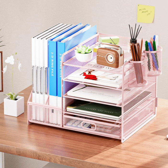 Desk Organizer with File Holder, 5-Tier Paper Letter Tray Organizer with Drawer and 2 Pen Holder, Mesh Desktop Organizer and Storage with Magazine Holder for Office Supplies(Pink) - Image 3