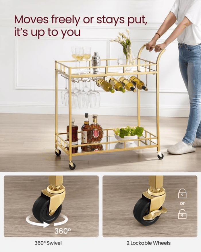 Bar Cart Gold, Home Bar Serving Cart, Wine Cart with 2 Mirrored Shelves, Wine Holders, Glass Holders, for Kitchen, Dining Room, Gold ULRC090A03 - Image 8