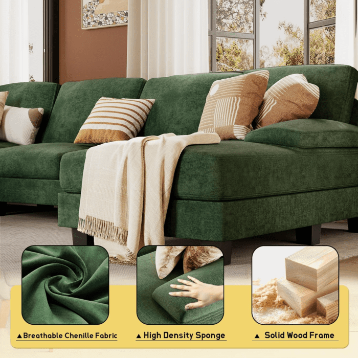 Sectional Couches for Living Room, U Shaped Couch with Chenille Fabric, 4 Seat Modern Sofa with Removable Pillows for Apartment and Small Space (Fabric, Green) - Image 5