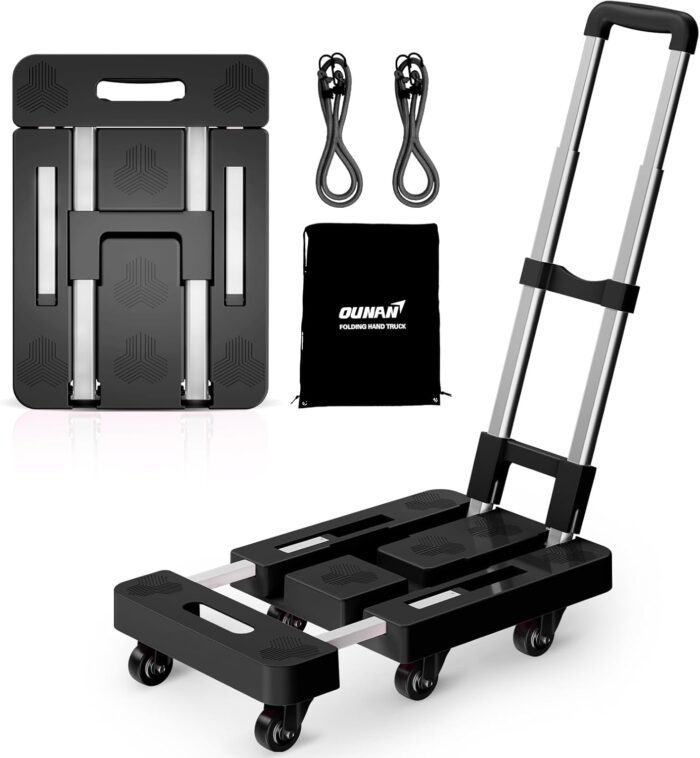 90° Multi-Functional Folding Hand Truck,500Lbs Heavy Duty Dolly - Dolly Cart with 6 Wheels & 2 Elastic Ropes, Hand Cart with Upright Handle for Moving, Travel, Office and Home Use(Black)