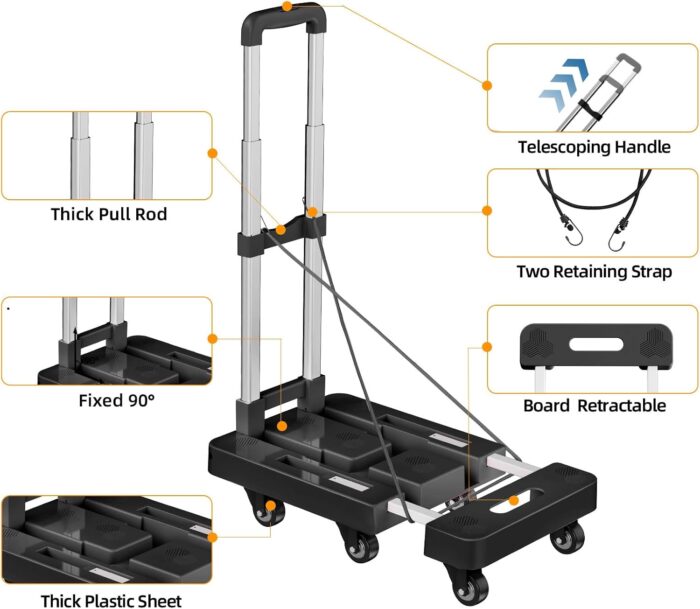 90° Multi-Functional Folding Hand Truck,500Lbs Heavy Duty Dolly - Dolly Cart with 6 Wheels & 2 Elastic Ropes, Hand Cart with Upright Handle for Moving, Travel, Office and Home Use(Black) - Image 3