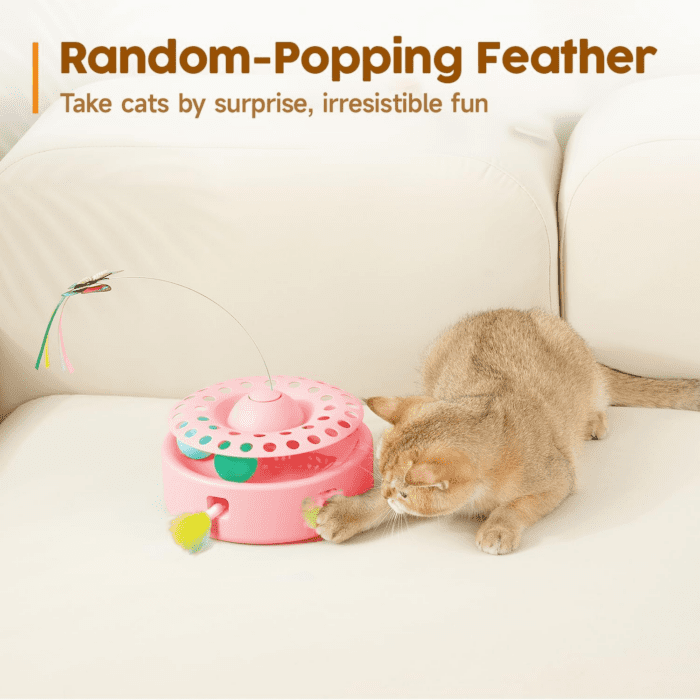 Cat Toys 3-In-1 Automatic Interactive Kitten Toy, Fluttering Butterfly, Random Moving Ambush Feather, Track Balls, Dual Power Supplies, USB Powered, Indoor Exercise Cat Kicker (Pink) - Image 4