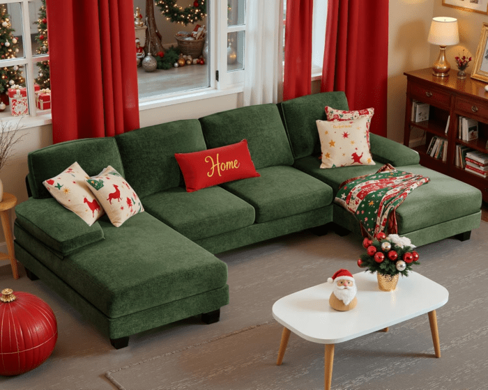 Sectional Couches for Living Room, U-Shaped Sofa Couch with Linen Fabric, 4 Seat Sofa Set with Double Chaise for Apartment (Fabric, Green)