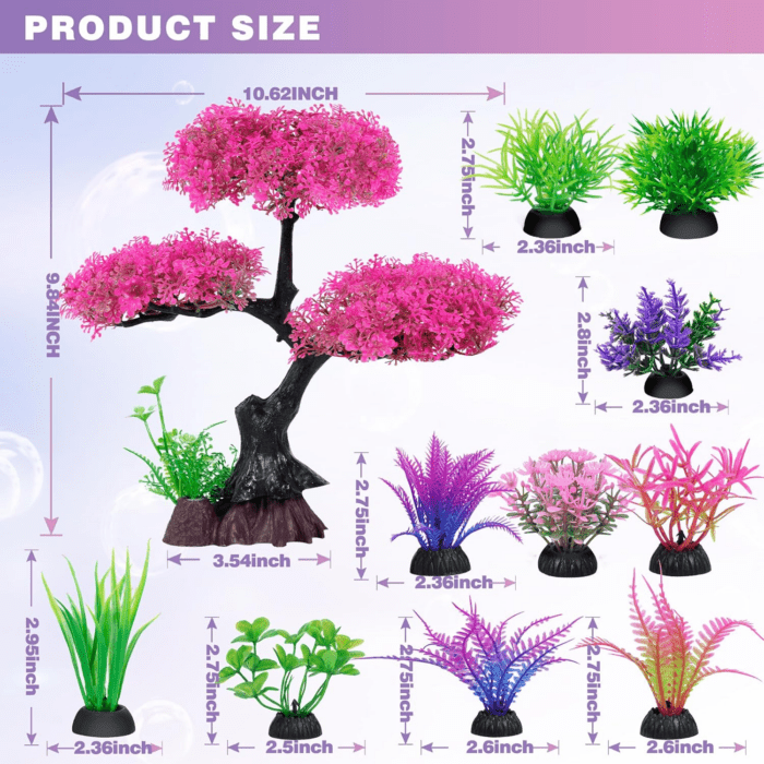 Aquarium Artificial Plastic Plants Decoration, Pink Cherry Blossom Tree & Grass Aquarium Decor Set, Goldfish Betta Fish Tank Decorations Hides Accessories（Pink - Image 2