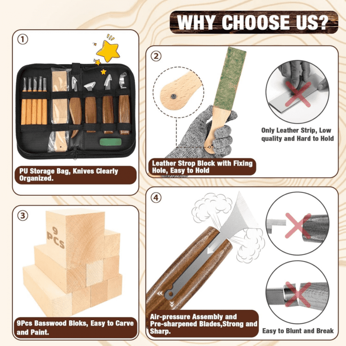 Wood Carving Kit, 23Pcs Wood Carving Tool with 4PCS Wood Carving Knives & 5PCS Detail Knives 9 Basswood Blocks & Gloves & Roll Bag & Strop Block & Polishing Compound Whittling Kit Hobbies for Adults - Image 3