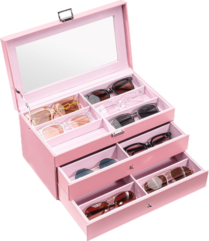 3-Layer Sunglasses Storage Organizer, 18 Slots Leather Sunglass Box Multiple Pairs Eyeglass Cases Eye Glass Eyewear Display Holder for Men Women -Pink