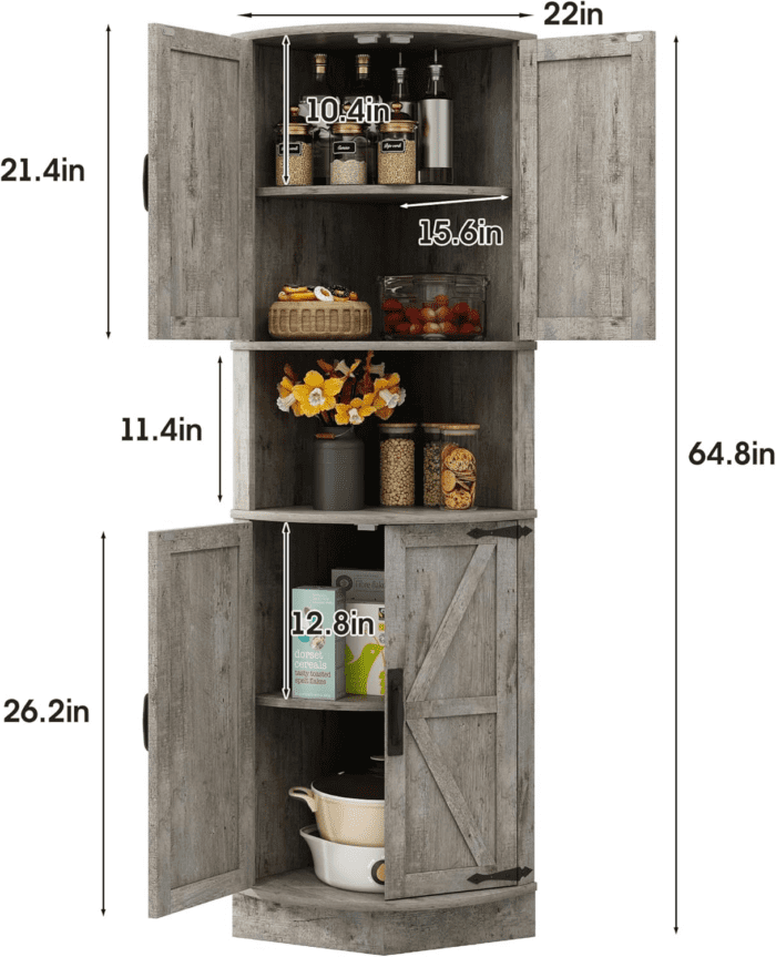 64.8" Tall Farmhouse Corner Cabinet with 4 Doors and 5 Storage Shelves, Farmhouse Storage Cabinet with Barn Door Design, Home Space Saver for Living Room, Kitchen, Laundry Room,Grey - Image 2