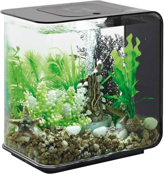 Flow 15 Acrylic 4-Gallon Aquarium with White LED Lights Modern Compact Tank for Tabletop or Desktop Display, Black