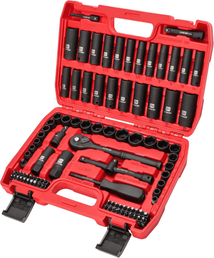 3/8”Drive Impact Socket Set,Standard SAE(5/16 to 3/4-Inch) Metric Size(8-22Mm), 95 Piece, CR-V Steel Deep&Shallow Kit, Adapters, Ratchet Handle, Screwdriver Bit Set, Spark Plug Socket, 6 Point - Image 9