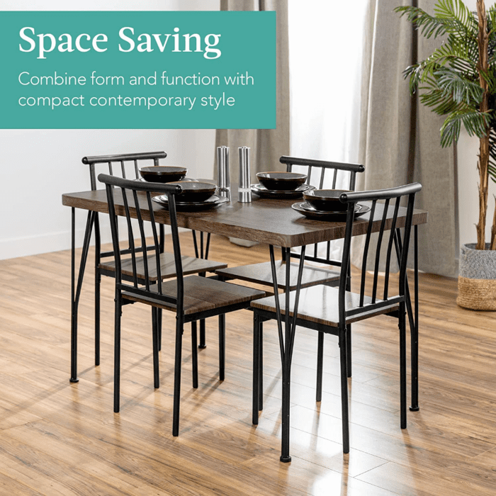 5-Piece Metal and Wood Indoor Modern Rectangular Dining Table Furniture Set for Kitchen, Dining Room, Dinette, Breakfast Nook W/ 4 Chairs - Drift Brown - Image 2